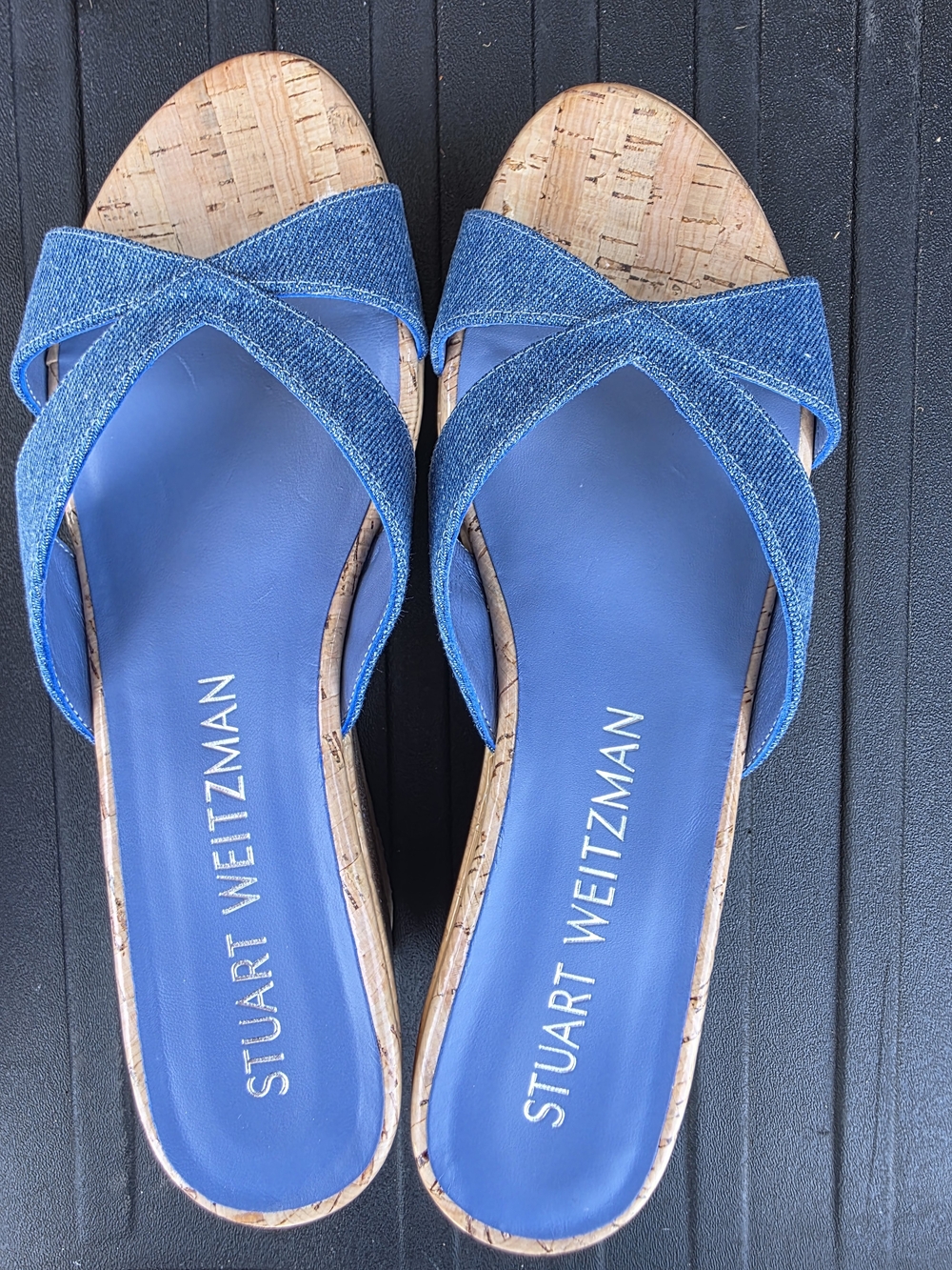 Stuart Weitzman Blue Denim Cork Slide Sandals